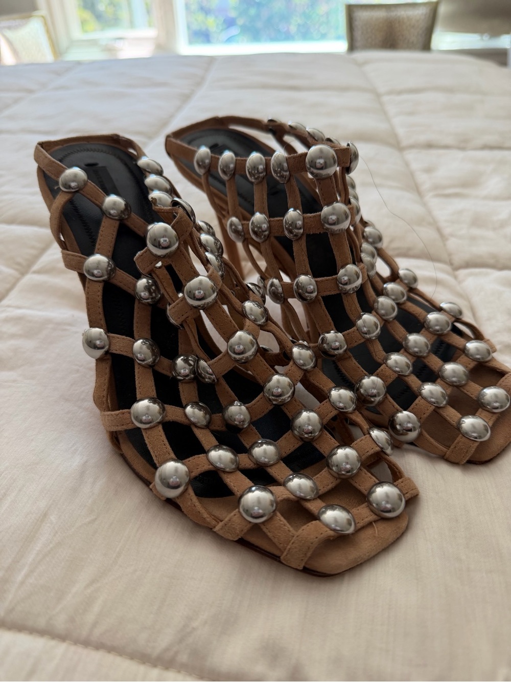 Alexander Wang Rainey Suede Silver Dome Studded Cage Heels - Picture 2 of 5